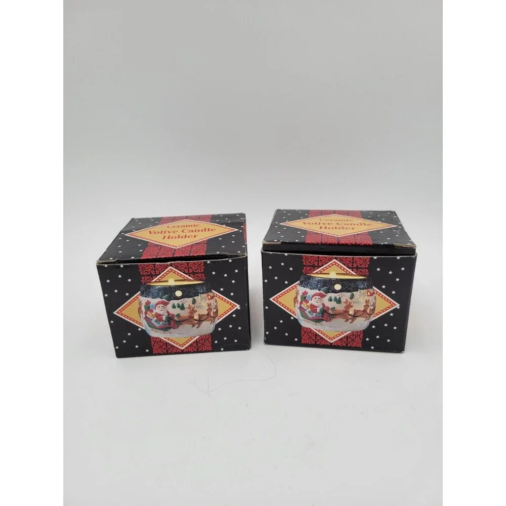 2 Vtg Giftco Ceramic Tea Light Candle Holders Santa Sleigh Reindeer Glitter 3.5